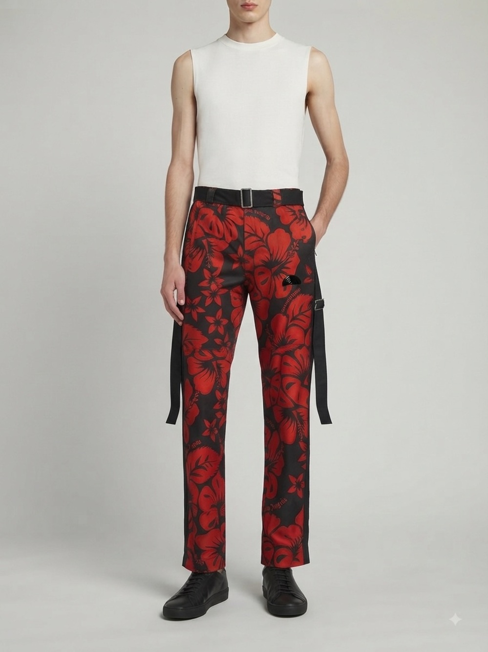 Palm Angels Hawaiian Floral Cargo Pants Mens 33 Black Red Streetwear Gorpcore
